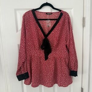 Bloomchic Red White Heart Print‎ V Neck Tie Neck Blouse Top Plus Size 14 16